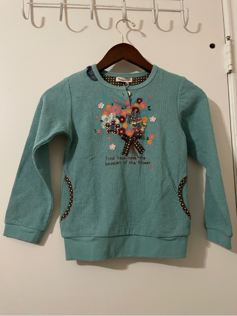 NWT Youpi! Kimuratan Japan Floral Bouquet Waffle Knit Top Teal - Size 130 - Picture 2 of 7